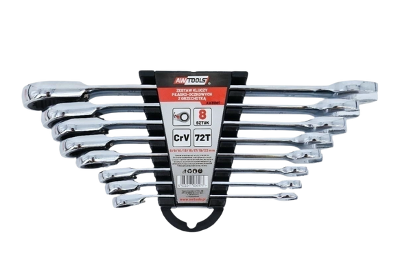 Ring-Steeksleutelset met Ratel – 8-delig | 8–22mm | CrV Staal